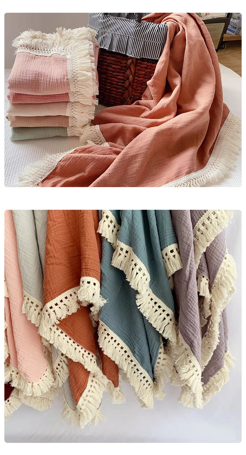 Boho Reversible Camping Beach Blanket Extra Large Muslin Cotton Baby Receiving Blanket with Fringe